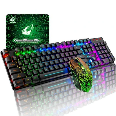 Image de T3 Clavier souris sans fil , arc en ciel rétroéclairé 2.4G sensation mécanique rechargeable de jeu+souris jeu LED à 6 boutons 2400DPI+tapis gratuits (noir)