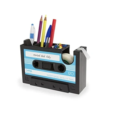 Image de Créatif Pot à Crayons Forme Cassette Rétro Dérouleur Dévidoir de Scotch Organiseur Bureau Mulit Fonctionnel Boîte Stylos Pinceaux Maquillage, offrir 1 Rouleau pour