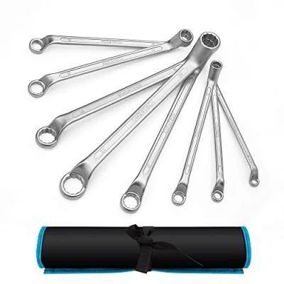 Image de DURATECH Lot de 8 clés polygonales à double extrémité，jeu fourche, DIN 838, acier au chrome vanadium, chromé mat, déport 75 degrés, système métrique, 6 22 mm, 12 points, avec sac roulé
