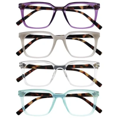 Image de OPULIZE KOI Lunettes de Lecture Lot 4 Large Monture Rectangulaire Violet/Gris/Transparent/Turquoise Hommes Femmes Charnières à Ressorts RRRR50 57CQ +1.50