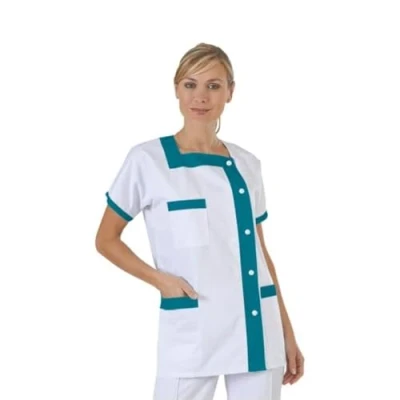 Image de Hurry Jump Blouse Medicale Femme idéal infirmière Aide soigante Col Carree Fermeture Pression 3 Poches Coloris par spécialité Blanc et Jade T1
