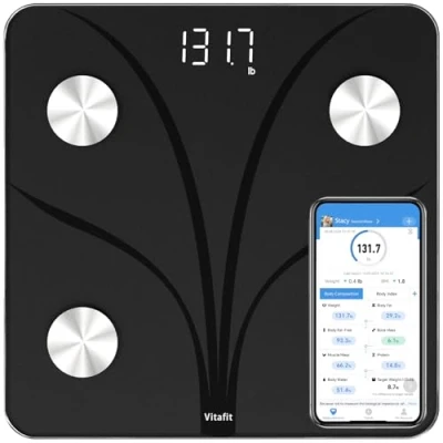 Image de Vitafit Balance Pese Personne, Connectée Bluetooth Pèse Personne Impédancemètre, Impedancemetre avec 13 Données Corporelles (BMI/Graisse Corporelle/Masse Osseuse), 180kg Noir