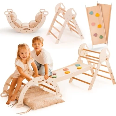 Image de Cadre d&#039;escalade 5 en 1 pour Enfants Échelle Triangle, Arc d&#039;escalade, Balance Board et Coussin, Montessori, Gym Bois de à 3 Ans