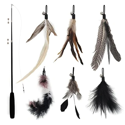Image de SONGWAY Jouet à Plumes pour Chat 7 Pièces Ensemble de Jouets Chat, 1 Rétractable Canne a Peche avec 6 Rechange, Interactif l&#039;intérieur Chats et Chatons, Noir