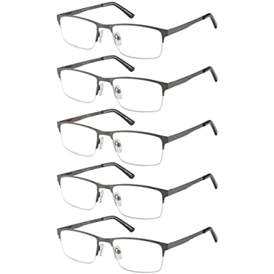 Image de Eyecedar 5 Paires Lunettes de Lecture Pour Hommes Anti lumière Bleue Demi cadre Rectangle Style Charnières à ressort Lecteurs 1,00