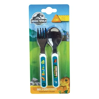 Image de FUN HOUSE 006072 JURASSIC WORLD ENSEMBLE DE COUVERTS DINOSAURES COMPRENANT UNE FOURCHETTE ET CUILLERE POUR ENFANT H.13,5 X L.3 CM