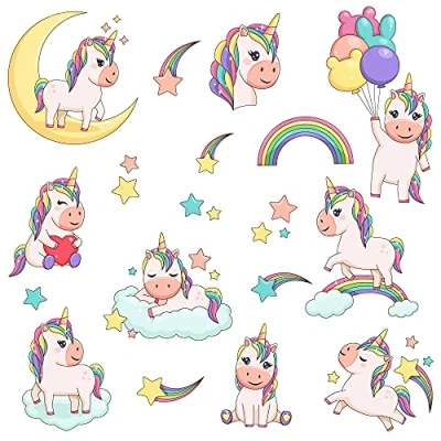 Image de Articlings Lot de 9 autocollants en vinyle non adhésifs forme licorne avec paillettes et étoiles filantes Pour dissuader les oiseaux frapper une fenêtre