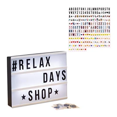 Image de Relaxdays Set Light Box, Boîte à Lumière LED, avec 325 Lettres &amp; Symboles, Caisson Lumineux, HLP 22x30x4,5cm, Blanc/Noir