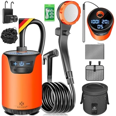 Image de KESSER® douche solaire de camping avec pompe et batterie rechargeable 4000 mAh Kit pommeau réglable, tuyau 2 m, pistolet pulvérisateur, support réservoir