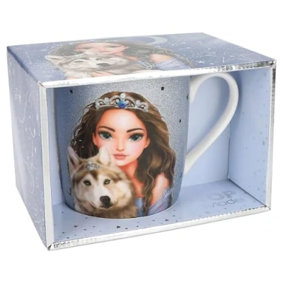 Image de Depesche 13066 TOPModel Wolf blanc, avec motif de modèle et impression bleue scintillante, tasse à boire en porcelaine anse, contenance env. 300 ml