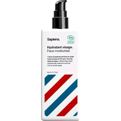 Image de Sapiens Barbershop Crème Hydratante Visage Barbe Homme Bio 80ml 2en1 &amp; Soin Acide hyaluronique et Q10 Anti Ride, Cerne Tous types de peaux