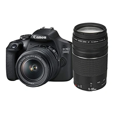 Image de Canon EOS 2000D + EF S 18 55mm f/3.5 5.6 IS II 75 300mm f/4 III Kit d&#039;appareil photo SLR 24,1 MP CMOS 6000 x 4000 pixels Noir Neuf