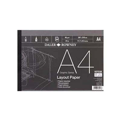 Image de Daler Rowney Série Graphique, Papier de Mise en Page, Surface Lisse, 45 g/m², 14,1 kg, Bloc collé, 1 Face, A4 21 x 29,7 cm, Blanc, 80 Feuilles
