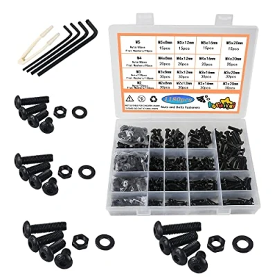 Image de huruirui M2 M3 M4 M5 Écrous et Boulons Rondelles Ensemble Assorti, 1180 pcs Noir Hex Socket Head Cap Vis Kit, Filetage Machine Outils Assortiment Kit