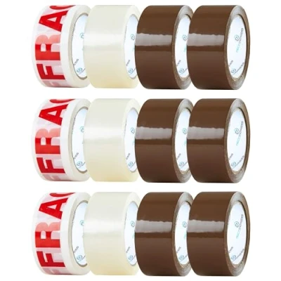 Image de DECO EXPRESS Ruban Adhésif d&#039;Emballage Kit 12 Rouleaux Rubans Adhésifs Marron Transparent Fragile pour Cartons Déménagement et Colis 48 mm x 50 m (Mix rouleaux)