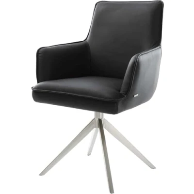 Image de Chaise pivotante Heira Flex avec accoudoirs cuir de vache noir pied croisé large acier inoxydable brossé pivotement sur 360 fonction bascule ressorts ensachés