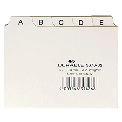 Image de Durable 367002 Jeu de 25 Intercalaires Format A7 Paysage avec Divisions 5/5 Onglets Imprimés A Z Polypro Coloris Blanc