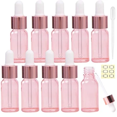 Image de Alledomain Lot de 10 flacons en verre or rose ml avec pipettes compte gouttes, mini gouttes vides rechargeables bouchon métal pour huiles essentielles/mélanges