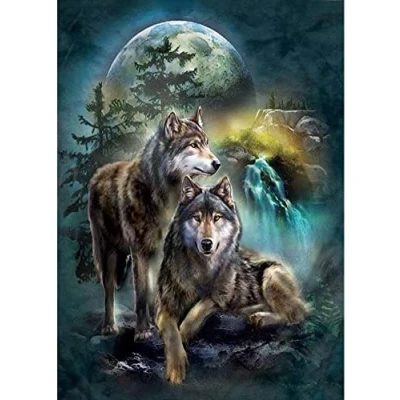 Image de OWN4B Kit de broderie au point croix estampillé, motif imprimé loup et lune nuit 11CT 36,1 x 46 cm (loup)