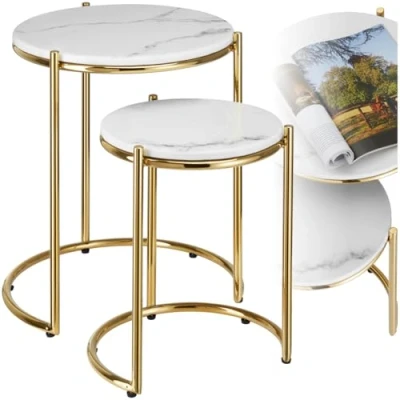 Image de TABLE d&#039;appoint TECTAKE Lot de 2 tables ELSA avec plateau en marbre et structure acier Blanc/Doré