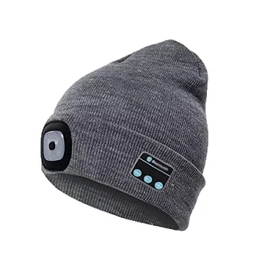 Image de LEDWARNING Bonnet lampe frontale à LEDs 2023, écouteurs Bluetooth stéréo intégré, USB rechargeable.Cable inclus. Idée Cadeau. Vendeur et stock en France (Gris)