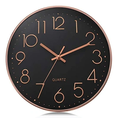 Image de Lafocuse Horloge Murale Noir Moderne Silencieuse 30cm, Chiffres 3D Or Rose Pendule Classique Facile à Lire, Quartz sans Tic tac Déco pour Salon Chambre Bureau Cuisine