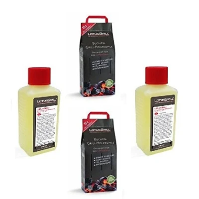 Image de LotusGrill Lot de 2 sacs charbon bois hêtre 2,5 kg Avec flacons gel d’allumage 200 ml Développés pour une émission fumée réduite lors des barbecues
