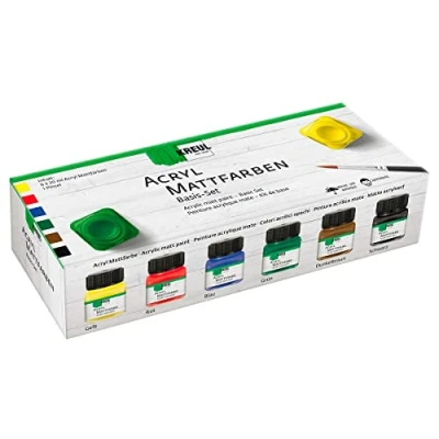 Image de Kreul 75600 Coffret acryliques Mates, crémeuse et couvrante, séchage Rapide, à Base d&#039;eau, Convient de Nombreux Supports différents, 6 x 20 ML Peinture Un Pinceau, 641985, Multicolor