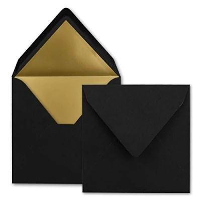 Image de FarbenFroh by Gustav Neuser Lot de 10 enveloppes à lettre, carrées, 15,5 x cm, noires, doublées papier doré, collage humide