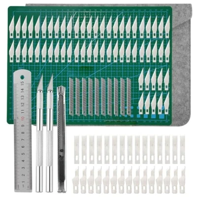 Image de Couteau Pour Loisirs Créatifs Set, Scalpel 2 Stylos 100 Lames De Rechange Cutter Précision 1 Tapis Découpe Règle En Acier Utilitaire Sac Rangement, Bricolage