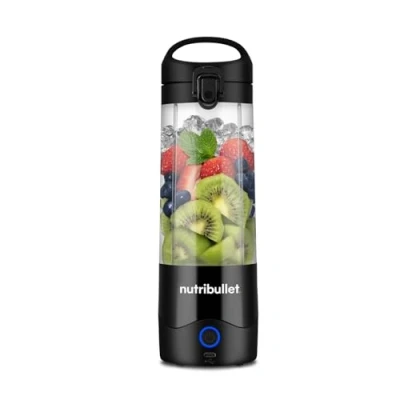 Image de nutribullet Mixeur portable noir Lame d&#039;extraction puissante, tasse de 475 ml, couvercle à emporter, câble charge USB C et guide l&#039;utilisateur (français non garanti) Offre plus 15 cycles