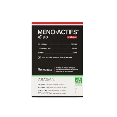 Image de ARAGAN Synactifs Menoactifs Complément Alimentaire Ménopause Bouffées de Chaleur et Fatigue Pollen Bio, Coquelicot Bio Goji 30 gélules 1 mois prise Fabriqué en France