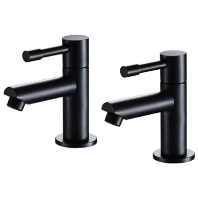 Image de Wasserrhythm DT28J Lot de 2 robinets lavabo monobloc en laiton noir mat pour eau chaude et froide avec levier 1/4 tour