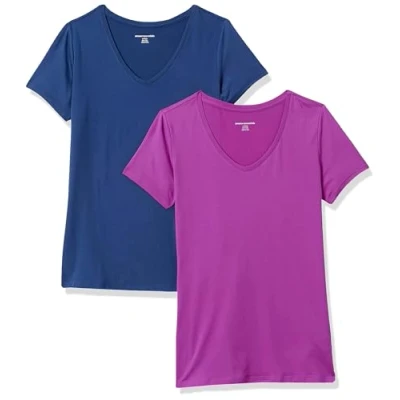 Image de Amazon Essentials T shirt Tech à manches courtes et col en V, extensible (disponible grande taille) Femme, Lot de 2, Bleu Marine/Violet Orchidée, M