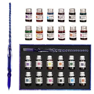 Image de Lot de 12 flacons d&#039;encres colorées, avec stylos en verre, convient à la calligraphie, pour l&#039;art, l&#039;écriture, les signatures, décoration, cadeaux, bleus