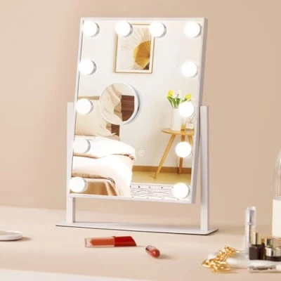 Image de VEVOR Miroir de Maquillage Hollywood Lumineux 12 Ampoules LED Intensité Variable 3 Modes Éclairage Couleur avec Grossissant 5X Amovible Contrôle Tactile Intelligent Rotation 360, 41x30 cm