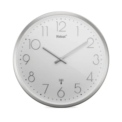 Image de Mebus TinyTime Petite Horloge Murale Radio pilotée sans Bruit de tic tac Diamètre 25 cm Cadran Moderne Blanc Boîtier argenté