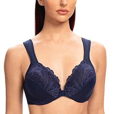 Image de MELENECA Femme Soutien Gorge Grande Taille Fermeture Devant Dentelle Sangle Coussin Couverture Totale Non Rembourré à Armature Blue 120H