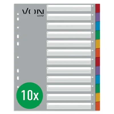 Image de VON Lot de 10 intercalaires vierges 12 parties A4 pour classeurs, par Leitz, extra larges, 100% recyclé, index universel à 11 trous classeurs et anneaux, multicolore, 13010000