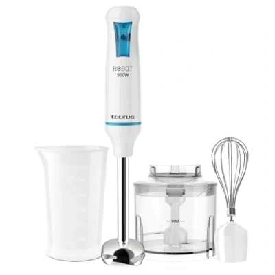 Image de Taurus Robot 500 Plus Inox Mixeur plongeant multifonction 3 en 1 500W, système de rotation turbo, anti éclaboussures, bol mesureur, hachoir et Fouet