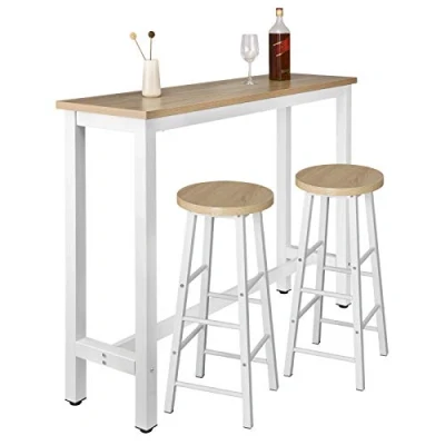 Image de WOLTU 1 X Table de Bar + 2 tabourets en MDF et métal Design Industriel 140x40x100cm,Chêne Clair BT30hei+BH130hei