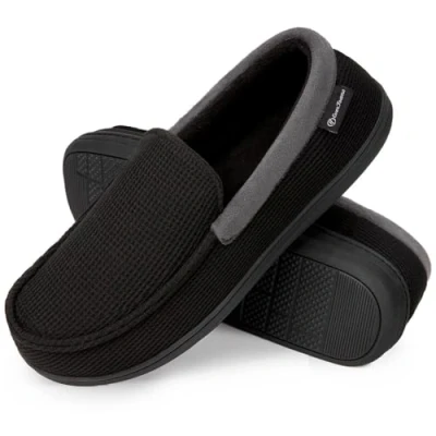 Image de EverFoams Chaussons mocassins confortables en mousse à mémoire de forme pour homme Tissu éponge respirant avec semelle caoutchouc antidérapant, noir foncé, 46 EU