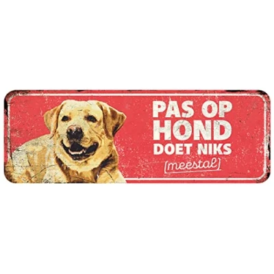 Image de D&amp;D Home, Panneau d&#039;avertissement Attention au Chien, 40x13x0,3 cm, Version néerlandaise, Fond Rouge, en métal résistant à la Rouille avec Un Texte Amusant