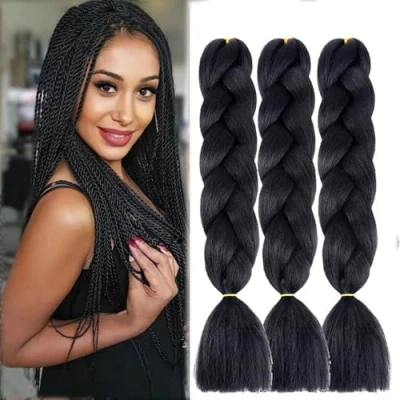 Image de Extension pour Tresse Tressage Cheveux 24 Pouces Jumbo Braids Meches 3 Pièces Kanekalon Synthétiques Ombre Synthétique （Noir）