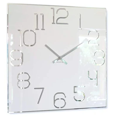 Image de Grande Horloge Murale carrée numerique Digit 50 cm de diamètre, sans Bruit tic tac Moderne, Design en Verre Acrylique et Miroir Acrylique, Salon, Chambre à Coucher Blanche (Blanc)