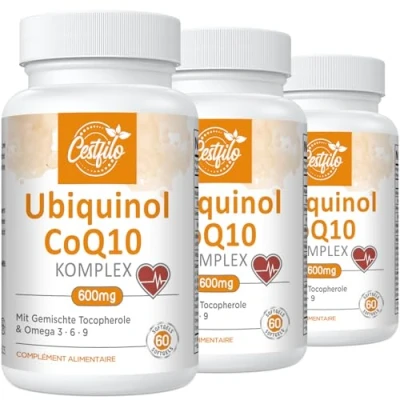 Image de Ubiquinol CoQ10 600 mg gélules softgel Forme active de plus vitamine E &amp; oméga 3 6 9 Antioxydant avancé coenzyme Q10 Complément alimentaire pour le cœur et cerveau (60 Count, Pack of 3)
