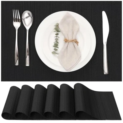 Image de Myir JUN Lot de 6 Sets Table, Tissé Lavable Napperons pour Cuisine ou Table à Manger Résiste la Chaleur Antidérapant Fait en Vinyle (30x45cm) (Noir)