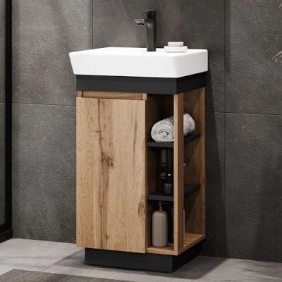 Image de Planetmöbel Nyx Ensemble de meubles salle bain 2 pièces Lavabo Avec meuble bas 50 x 85,9 42 cm Chêne Wotan / anthracite robinet Noir