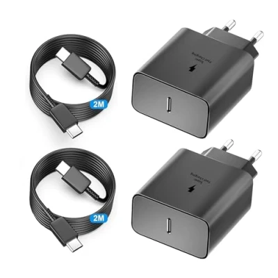 Image de 2Pcs Chargeur 45W Super Charge Rapide pour Samsung Galaxy S25,S24+,S24 Ultra,S23+,S23 Ultra, S22,S21,Note20,A54,A53,Z Fold5,Flip5,Fold4, Flip4,Tab S8,Prise Secteur USB C Adapteur avec 2m Câble