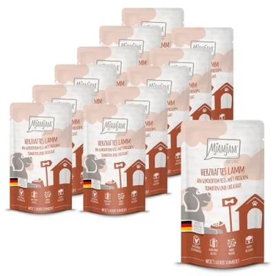 Image de MjAMjAM Nourriture humide premium pour chiens Quetschie viande d’agneau savoureuse accompagnée de riz cuit, tomates fraîches et graines chia, pack 12 (12 x 125g)